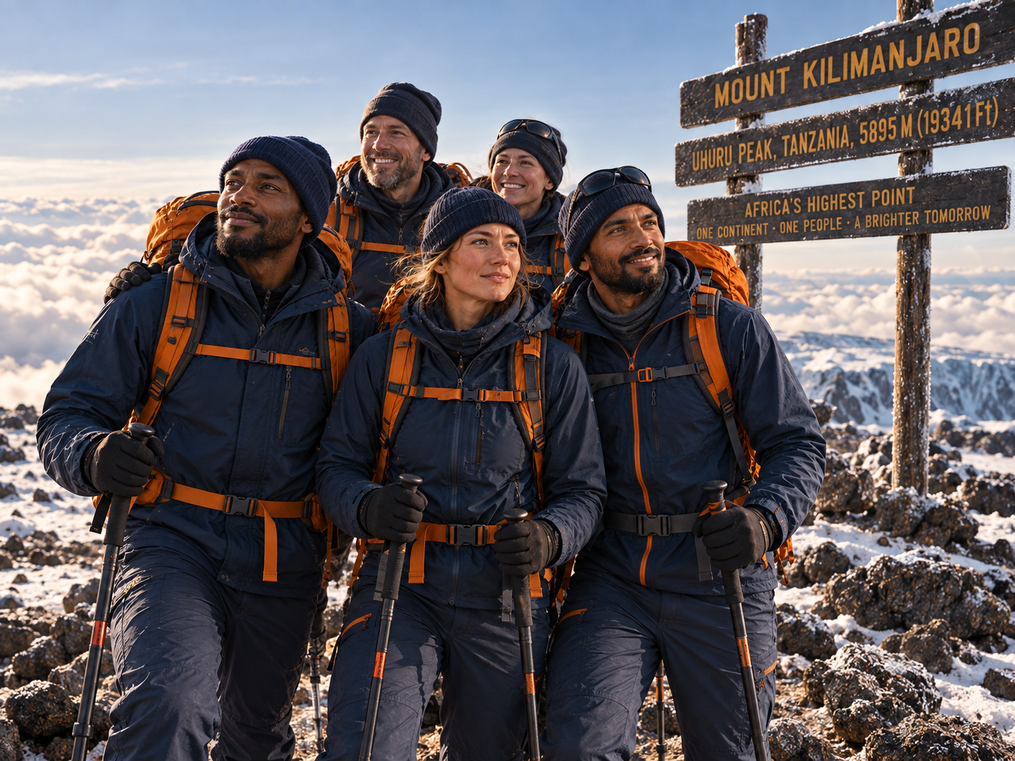 Five climbers in navy and orange kit at the Uhuru Peak signboard on the Kilimanjaro summit, above the clouds